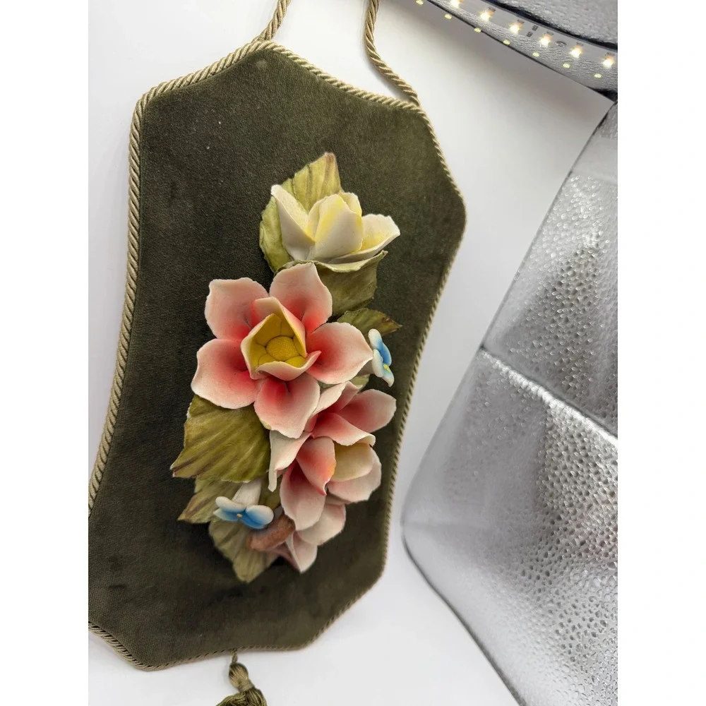 Vintage Capodimonte‎ Italy Porcelain Floral Wall Plaque Green Velvet Tassel 11in